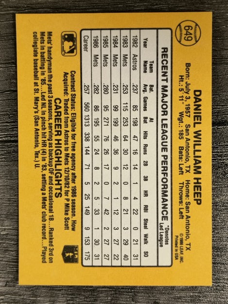 1987 Donruss #649 Danny Heep
