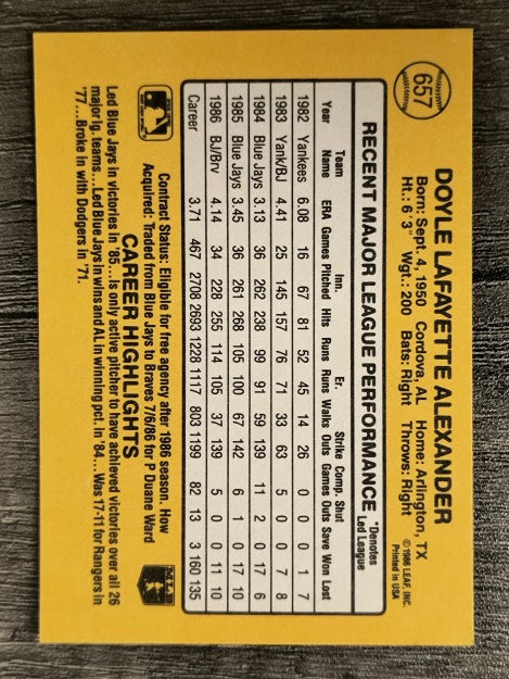 1987 Donruss #657 Doyle Alexander