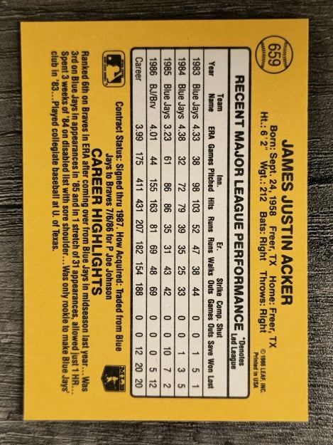 1987 Donruss #659 Jim Acker