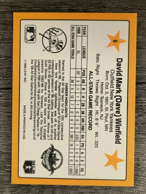 1989 Donruss All-Stars #6 Dave Winfield