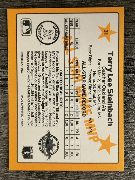 1989 Donruss All-Stars #31 Terry Steinbach MVP