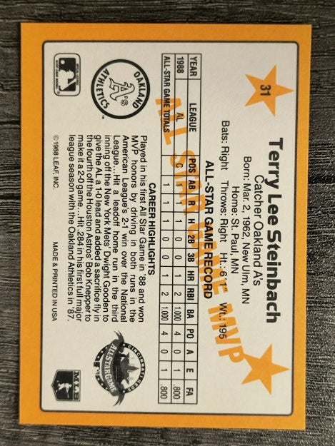 1989 Donruss All-Stars #31 Terry Steinbach MVP