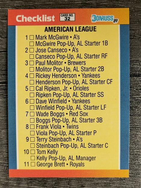 1989 Donruss All-Stars #32 AL Checklist 1-32