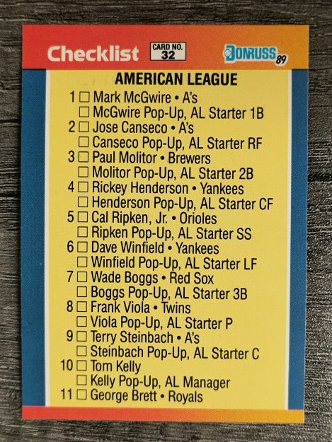 1989 Donruss All-Stars #32 AL Checklist 1-32
