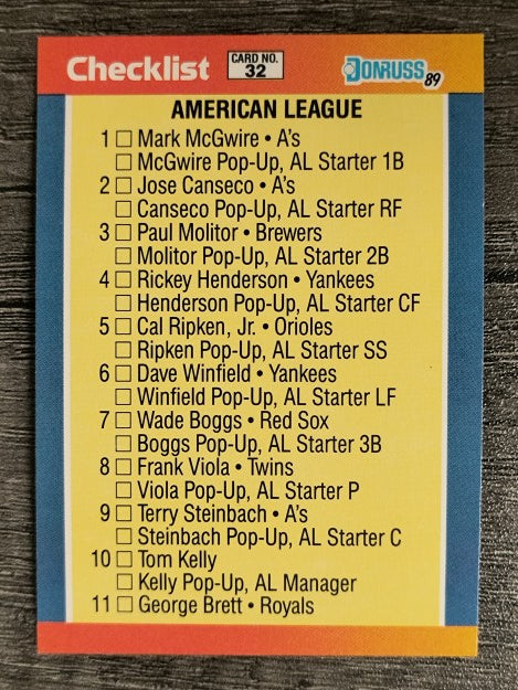 1989 Donruss All-Stars #32 AL Checklist 1-32