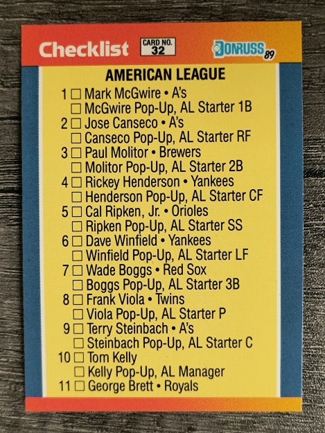 1989 Donruss All-Stars #32 AL Checklist 1-32