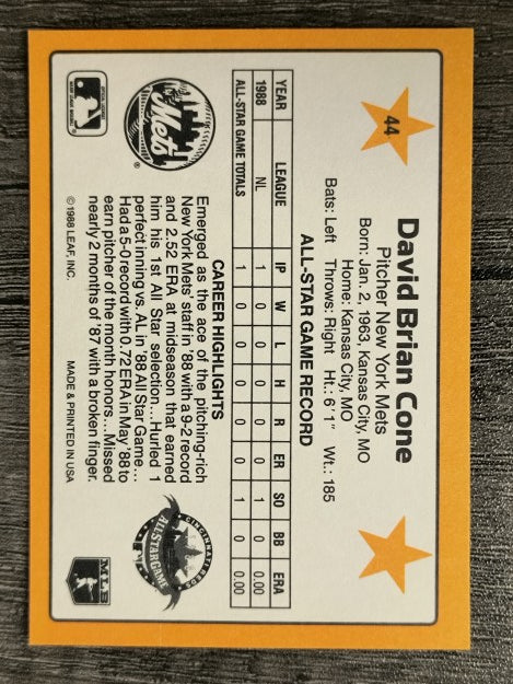 1989 Donruss All-Stars #44 David Cone