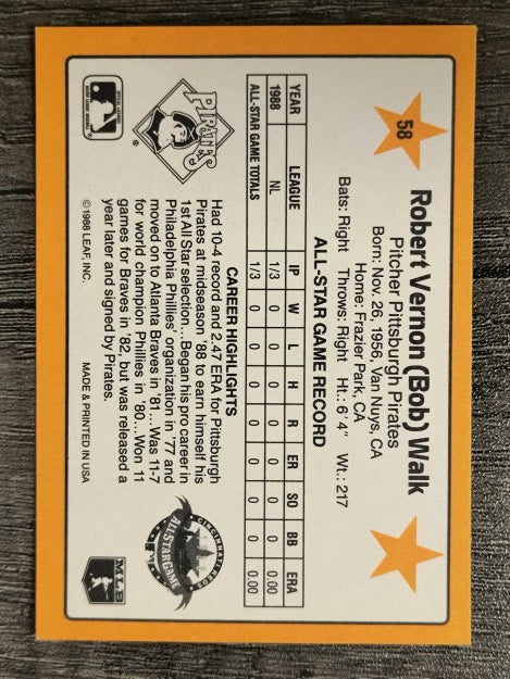 1989 Donruss All-Stars #58 Bob Walk