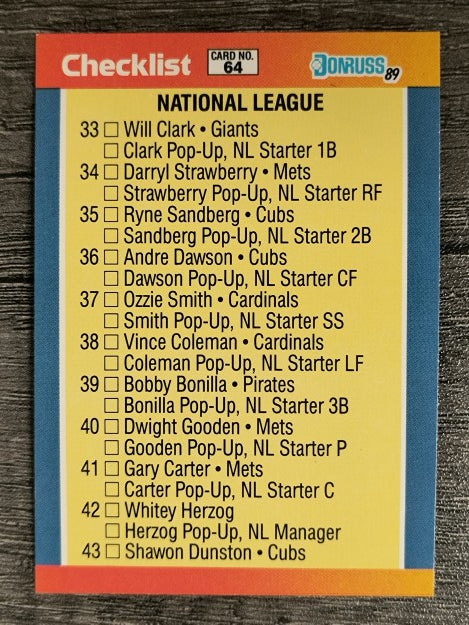 1989 Donruss All-Stars #64 NL Checklist 33-64