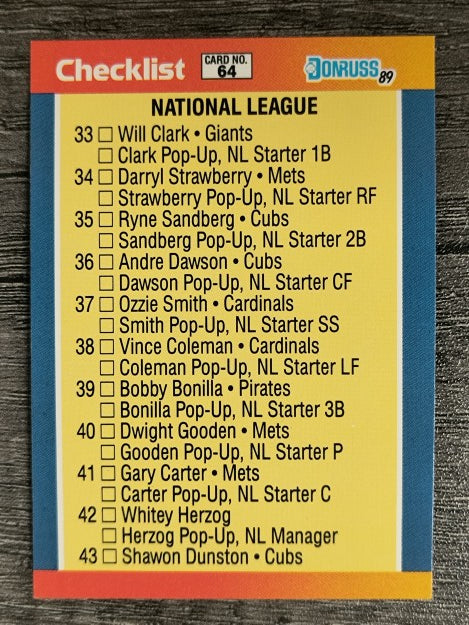1989 Donruss All-Stars #64 NL Checklist 33-64