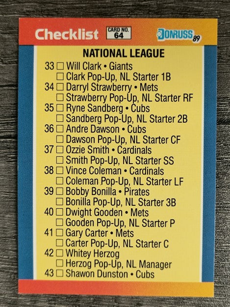 1989 Donruss All-Stars #64 NL Checklist 33-64