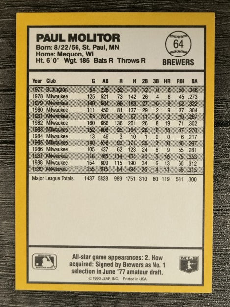 1990 Donruss Best AL #64 Paul Molitor