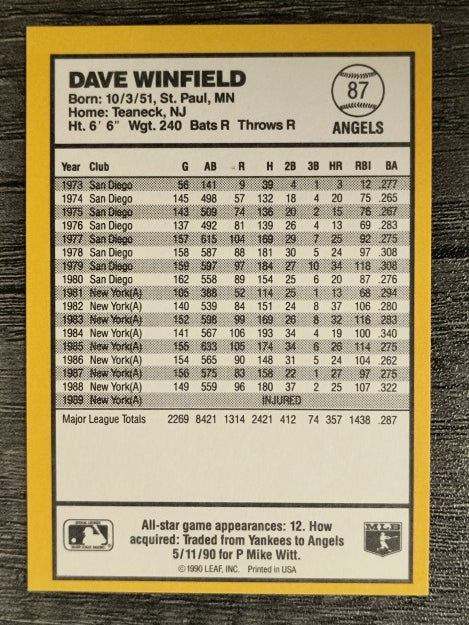 1990 Donruss Best AL #87 Dave Winfield