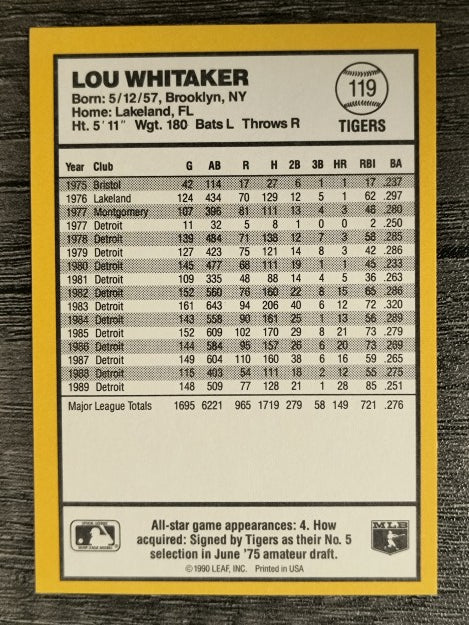 1990 Donruss Best AL #119 Lou Whitaker