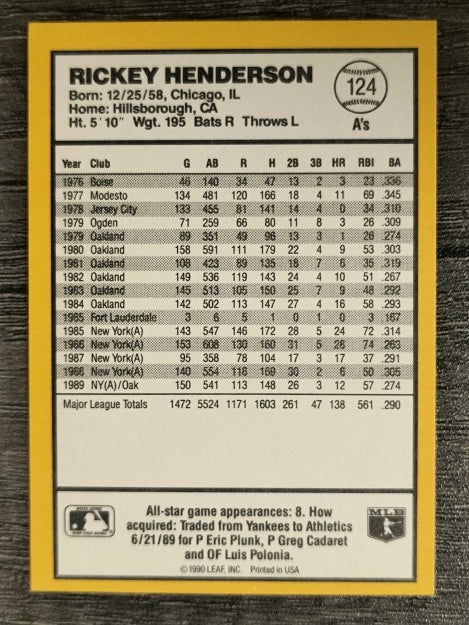 1990 Donruss Best AL #124 Rickey Henderson