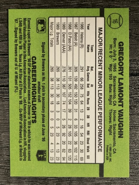 1990 Donruss Rookies #16 Greg Vaughn