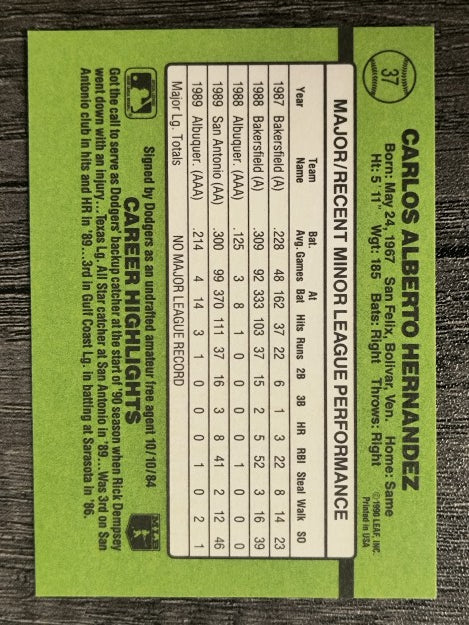 1990 Donruss Rookies #37 Carlos Hernandez RC