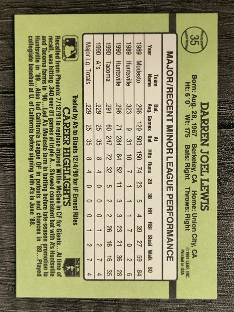 1991 Donruss Rookies #35 Darren Lewis FDC