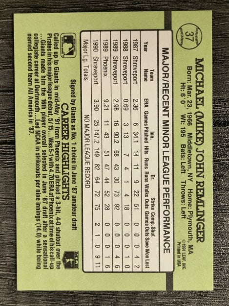 1991 Donruss Rookies #37 Mike Remlinger