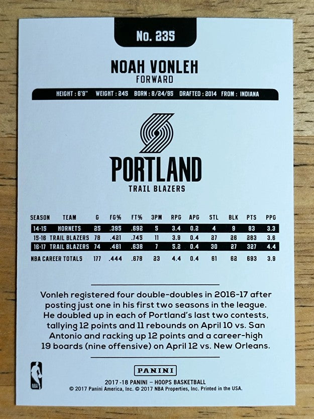 2017-18 Hoops Teal #235 Noah Vonleh