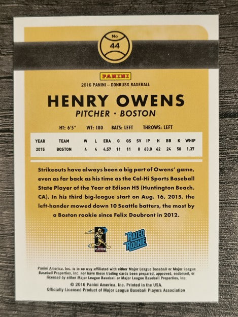2016 Donruss #44 Henry Owens RR RC