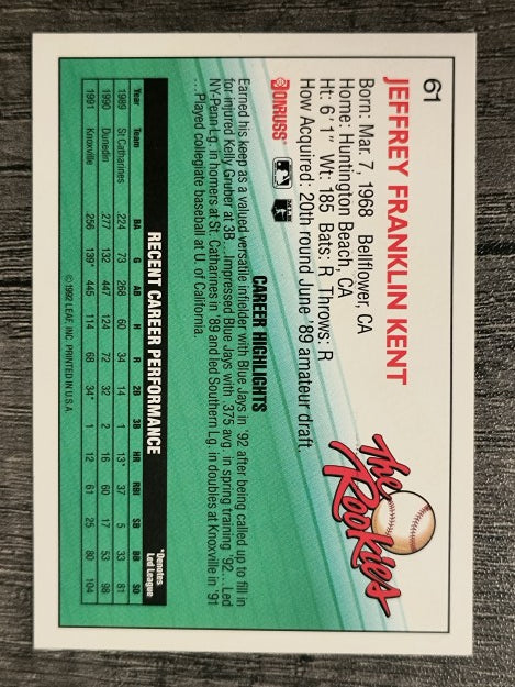 1992 Donruss Rookies #61 Jeff Kent RC (EXMT)