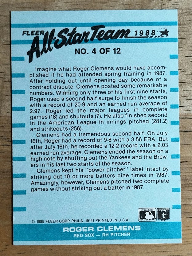 1988 Fleer All-Stars #4 Roger Clemens (EX)