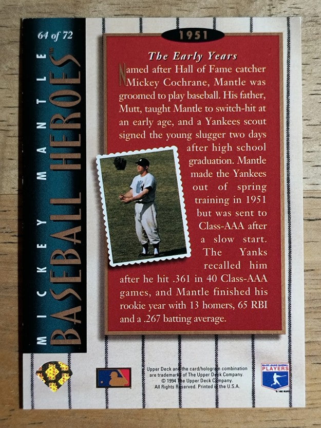 1994 Upper Deck Mantle Heroes #64 Mickey Mantle/1951 The Early Years