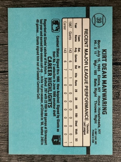 1988 Donruss #39 Kirt Manwaring RC