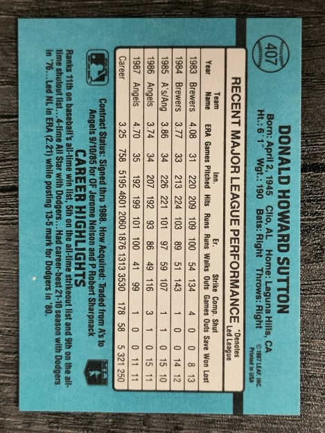 1988 Donruss #407 Don Sutton