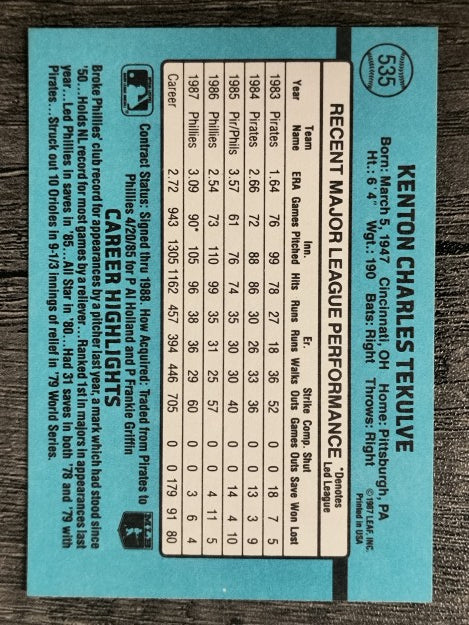1988 Donruss #535 Kent Tekulve