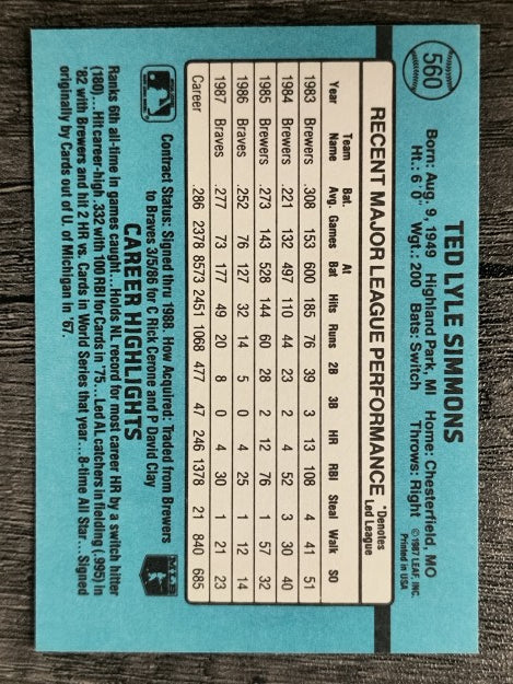1988 Donruss #560 Ted Simmons