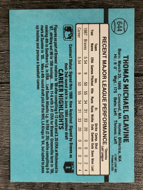 1988 Donruss #644 Tom Glavine RC (EXMT)