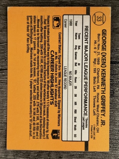 1989 Donruss #33 Ken Griffey Jr. RR RC (VG)
