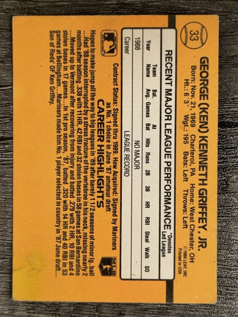 1989 Donruss #33 Ken Griffey Jr. RR RC (POOR)