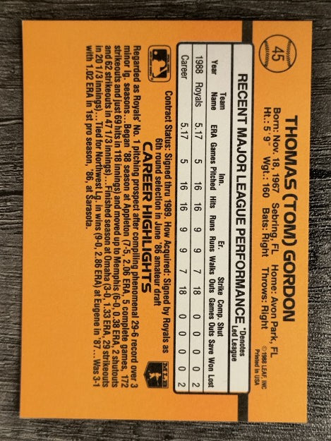 1989 Donruss #45 Tom Gordon RR RC