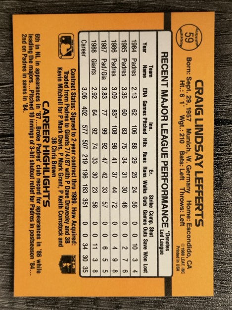 1989 Donruss #59 Craig Lefferts