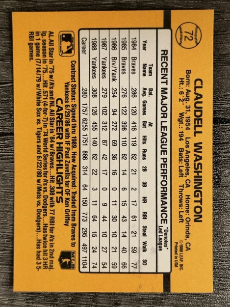 1989 Donruss #72 Claudell Washington