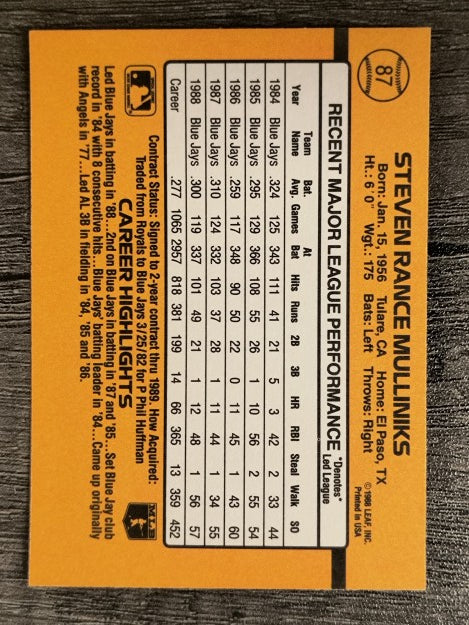 1989 Donruss #87 Rance Mulliniks
