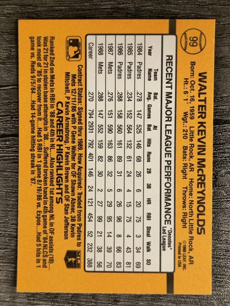 1989 Donruss #99 Kevin McReynolds