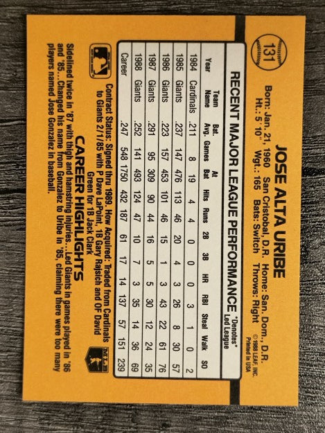 1989 Donruss #131 Jose Uribe