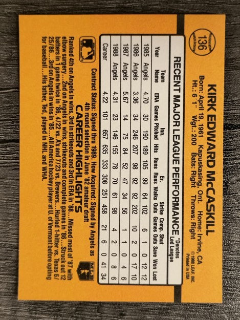 1989 Donruss #136 Kirk McCaskill