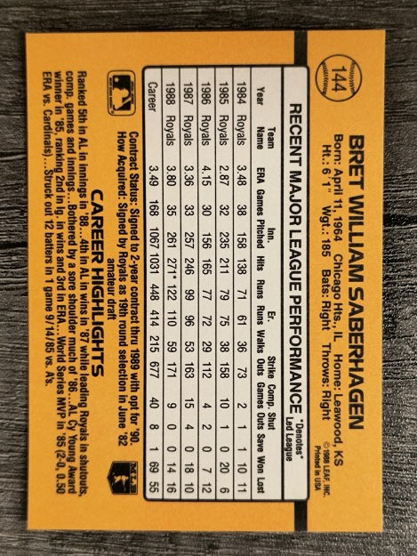 1989 Donruss #144 Bret Saberhagen