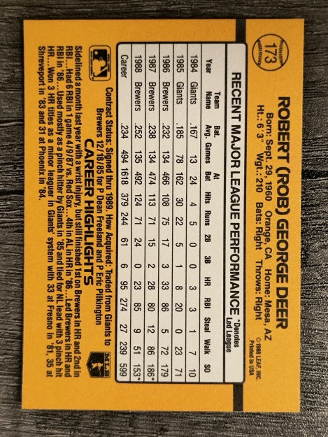 1989 Donruss #173 Rob Deer