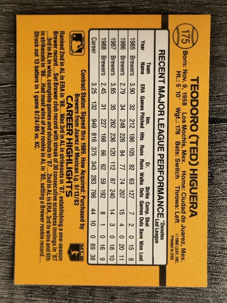 1989 Donruss #175 Ted Higuera