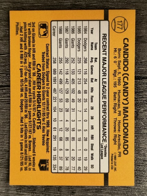 1989 Donruss #177 Candy Maldonado
