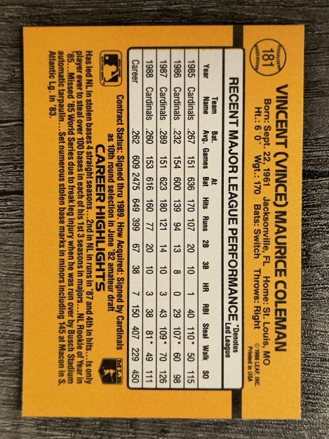 1989 Donruss #181 Vince Coleman