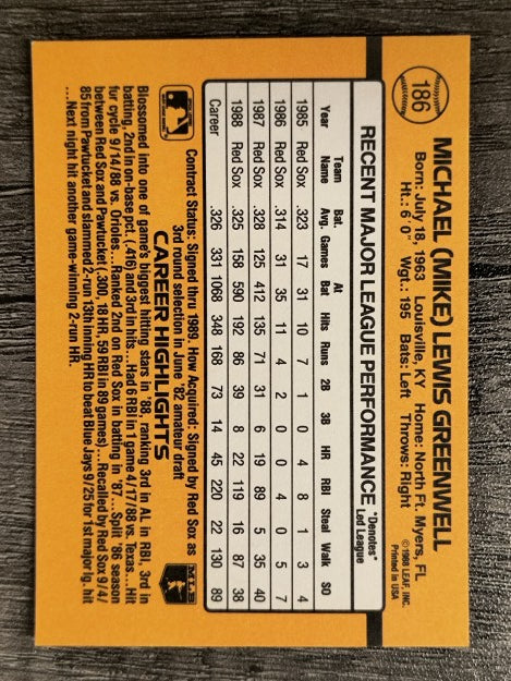1989 Donruss #186 Mike Greenwell