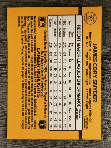 1989 Donruss #191 Cory Snyder