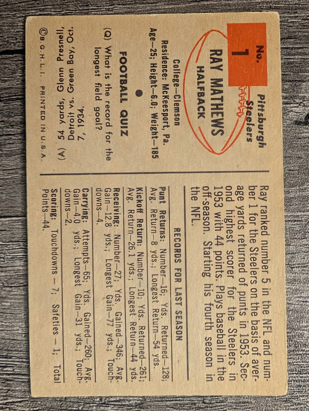 1954 Bowman #1 Ray Mathews (VG)